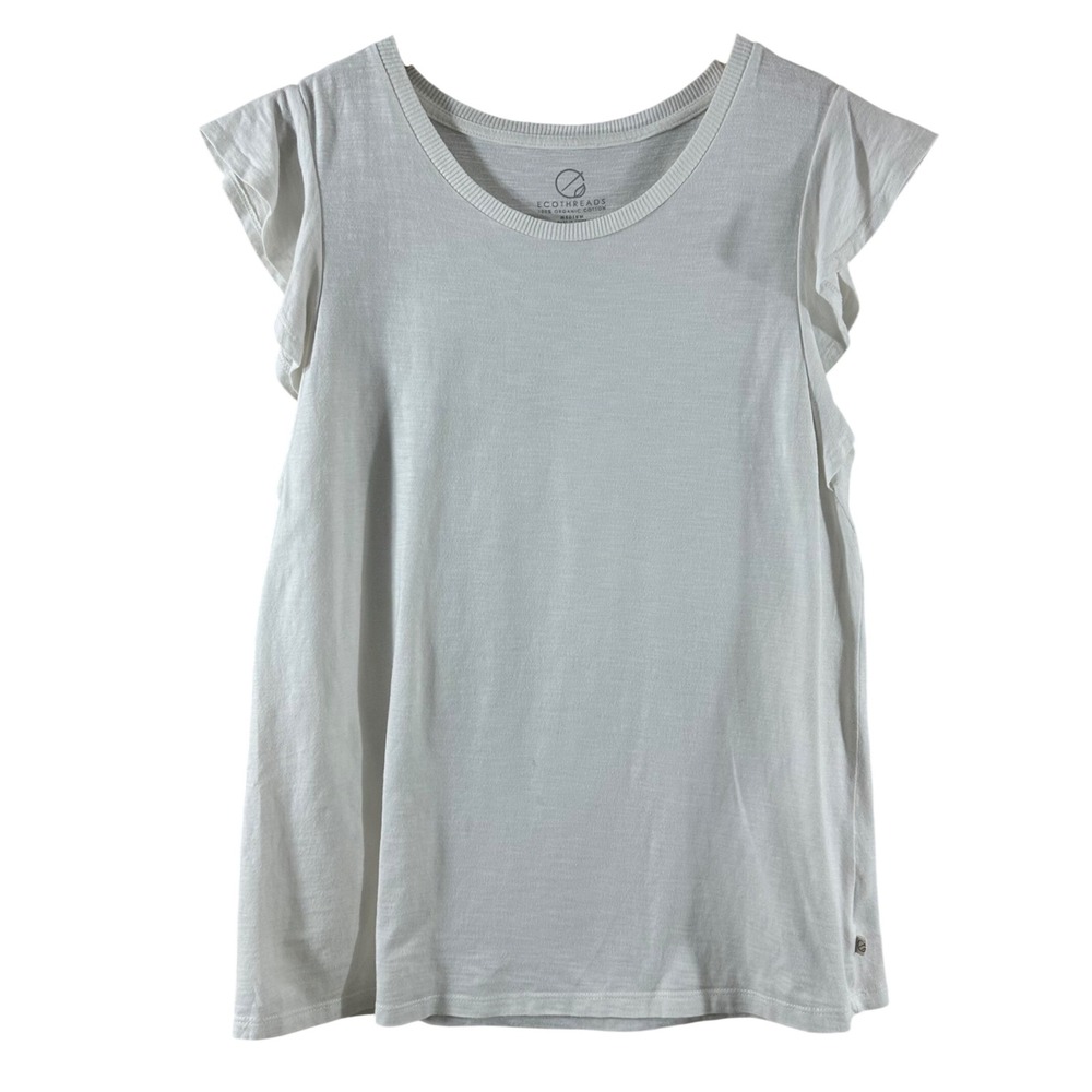 EcoThreads Organic 100% Cotton Flutter Sleeve Top White Crew Neck Size M